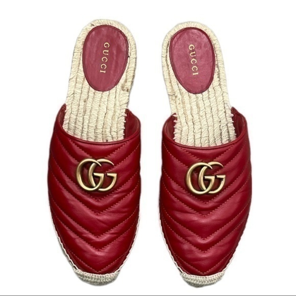 GUCCI Nappa Charlotte Hibiscus Red Leather GG Marmont Espadrille Mules Size 39.5 - Picture 2 of 7